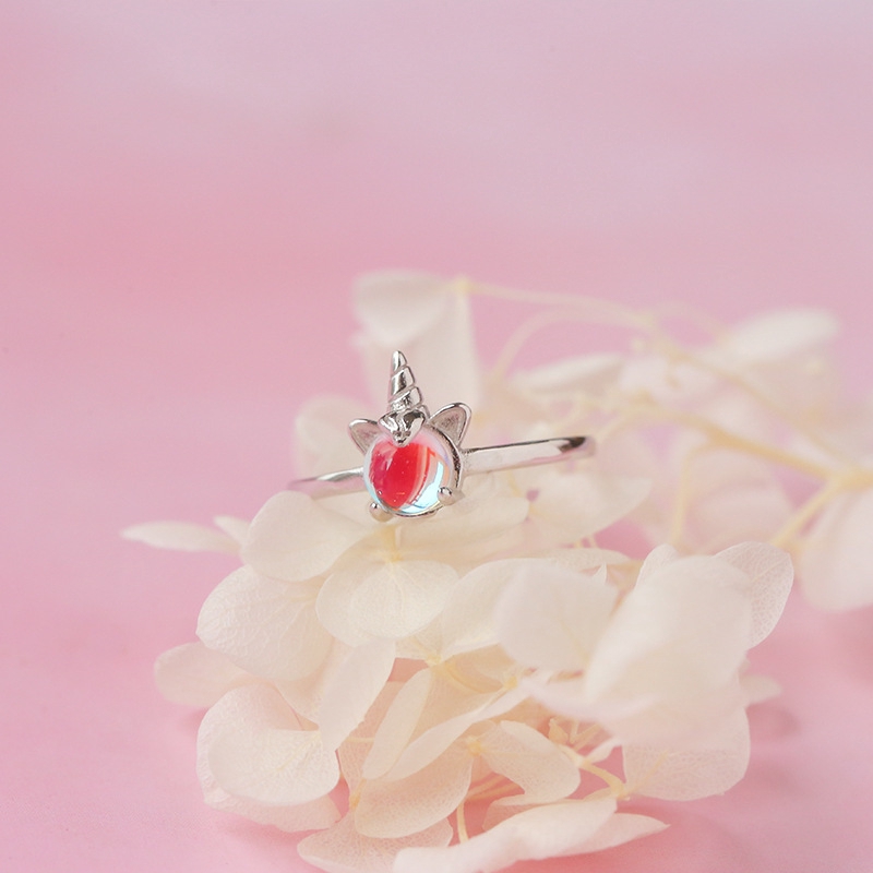 Cincin Kasual Ring Unicorn Penuh Warna Moonstone Pembukaan Versi Korea Perhiasan Rings Women Jewelry