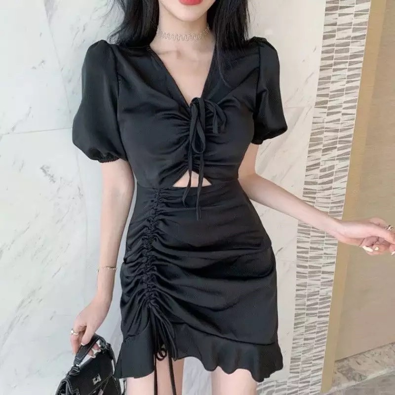 Dress Wanita Gaun Korea Hitam Set Mini Dres Pufy Black Work Hot Girl Vintage