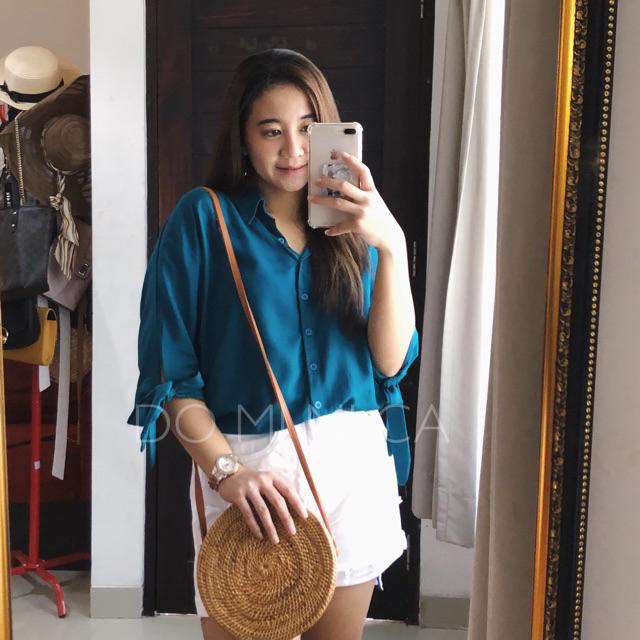 CINDY OVERSIZED SHIRT | kemeja wanita oversize lengan pendek bahan rayon-Teal