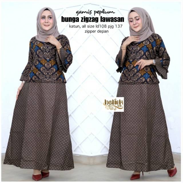 Couple Gamis Peplum Bunga Zigzag Lawasan Batik Marini Long Maxi Muslim Pesta Seragaman Sarimbit