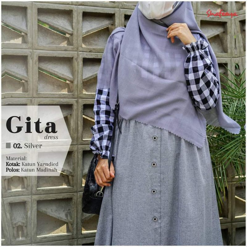 READY GITA DRESS Silver L by Shafeeya - Matterial Kain Kotak Yarndied + Katun Madinah