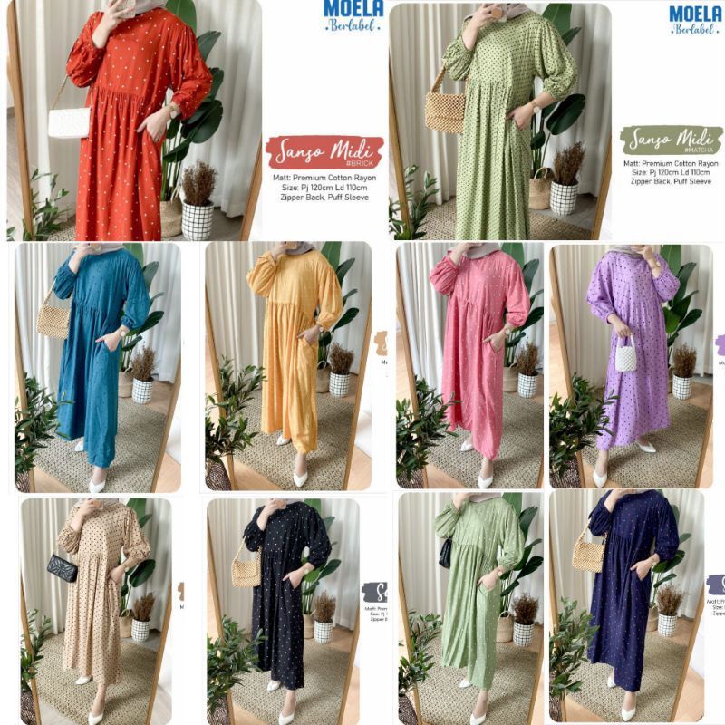 Moela Berlabel Sanso Midi Dress Motif Polkadot Rayon Premium Pakaian Muslim Wanita