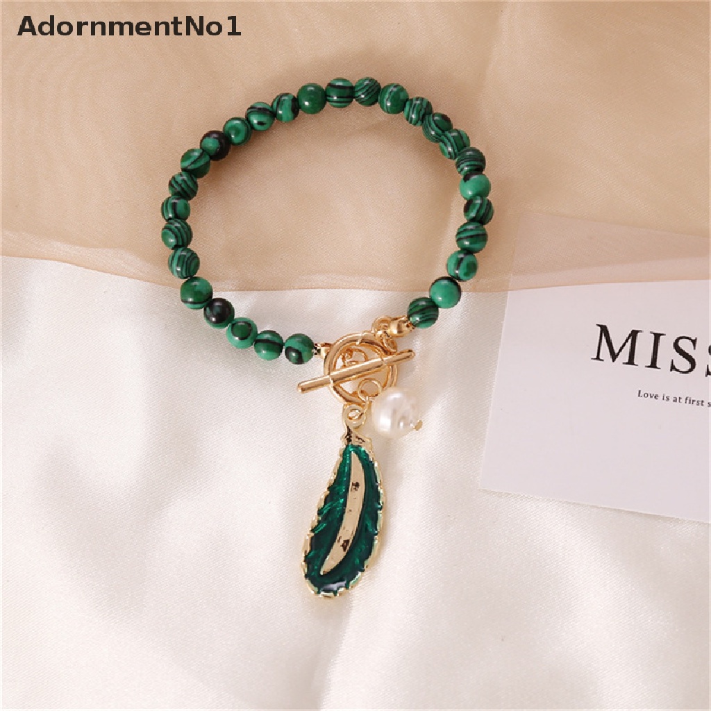 (AdornmentNo1) Kalung Rantai Liontin Daun Malachite Aksen Mutiara Imitasi Bahan Alloy Untuk Wanita