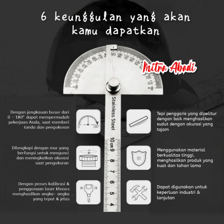 Penggaris Busur 180°/ Stainless Steel Protractor Angle Ruler