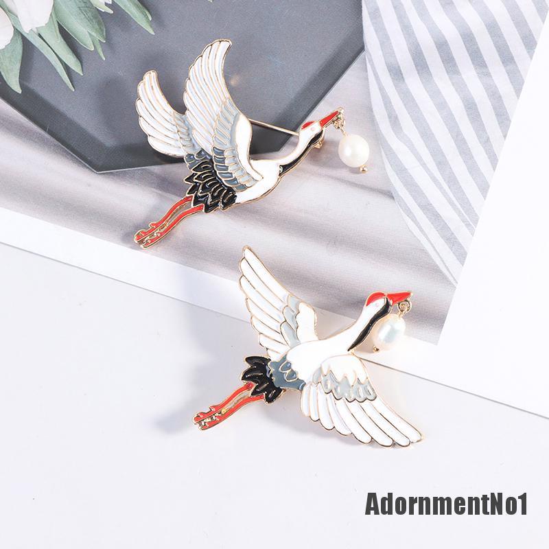 (Adornmentno1) 1pc Bros Pin Enamel Desain Burung Bangau Hias Mutiara Gaya Vintage Untuk Wanita