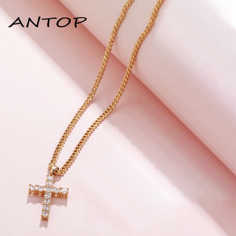 Retro Cross Kalung Emas Cubic Zirconia Hias Wanita Fashion Aksesori Hadiah ANTOP