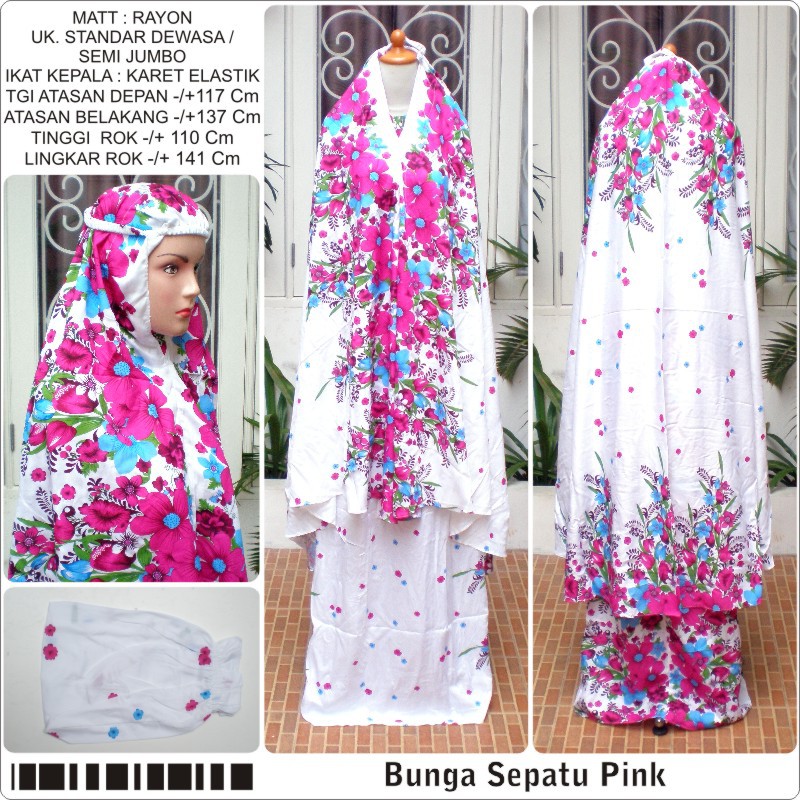 Mukena bali motif bunga sepatu PINK ukuran dewasa katun rayon warna dasar putih semi jumbo