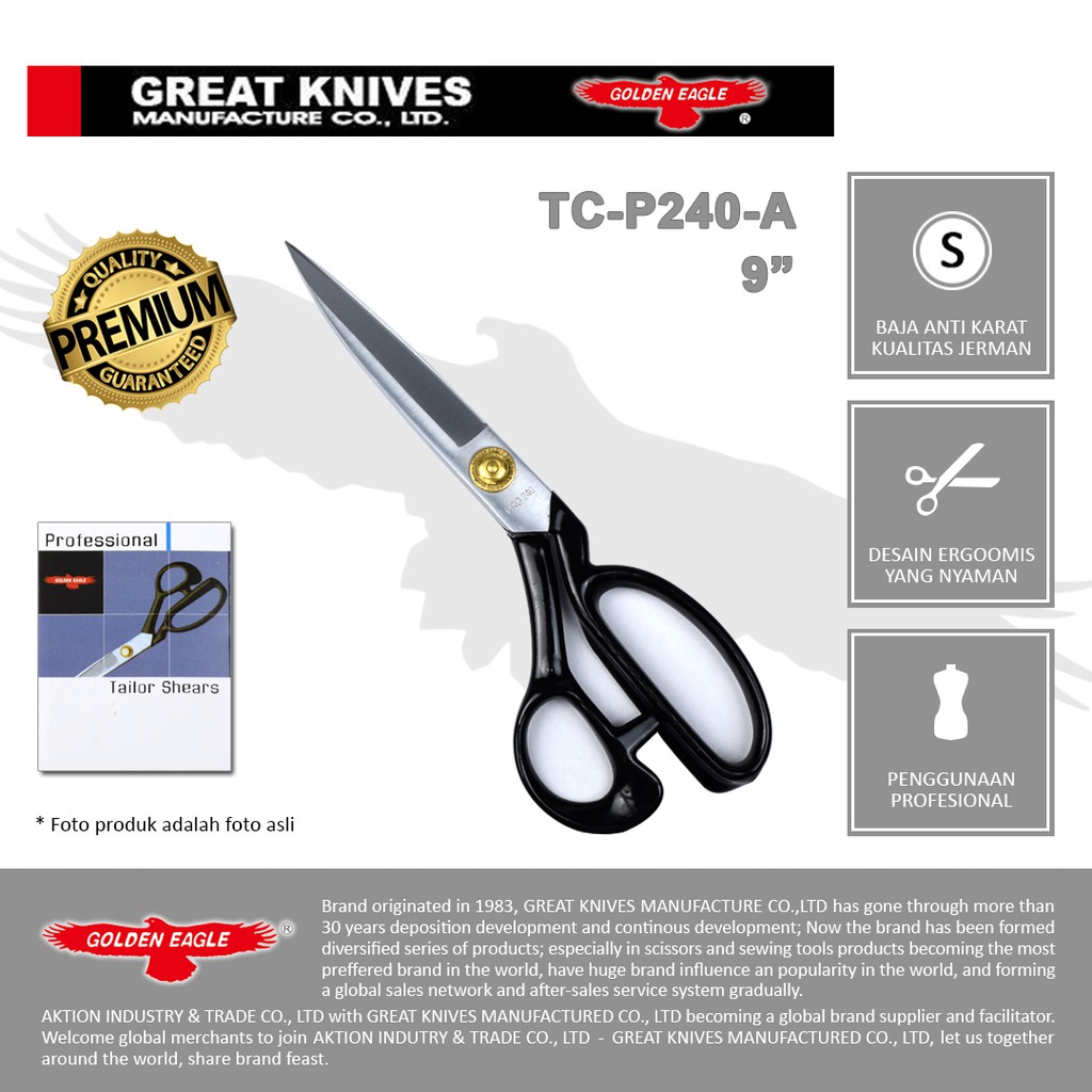 Gunting Potong Bahan Kain Professional Golden Eagle 9 inch TC-P240-A - Professional Tailor Scissors