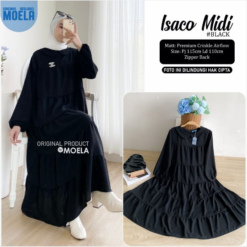 GAMIS MIDI HITAM PREMUIM OOTD BLACK SUSUN CANTIK ORIGINAL BERLABEL MOELA