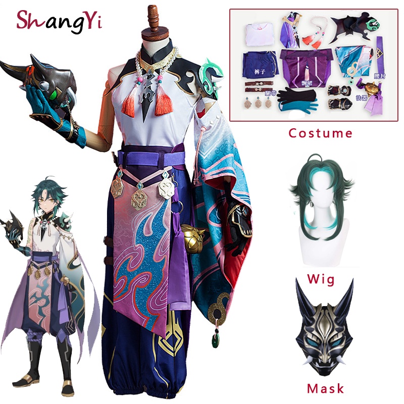 Genshin Impact Xiao Cosplay Costume Game Anime Uniform Full Set Clothes Accessorie Xiao Wig Mask Hal