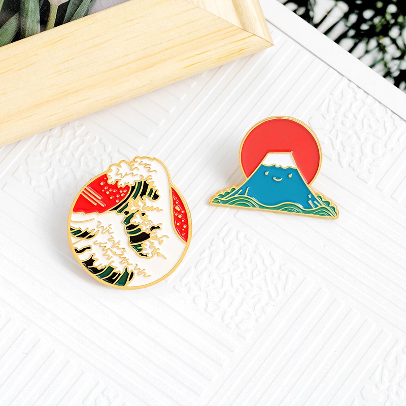 Bros Pin Enamel Desain Kartun Sun Mount Fuji Ombak Laut Untuk Hadiah Teman