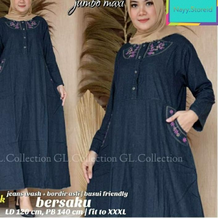 ⚡TOK SIAP 【COD】 Baju Gamis Levis Jeans Jumbo Wanita Terbaru 2021 Bordir  Dan Saku Ld 120 P 140 Cleop
