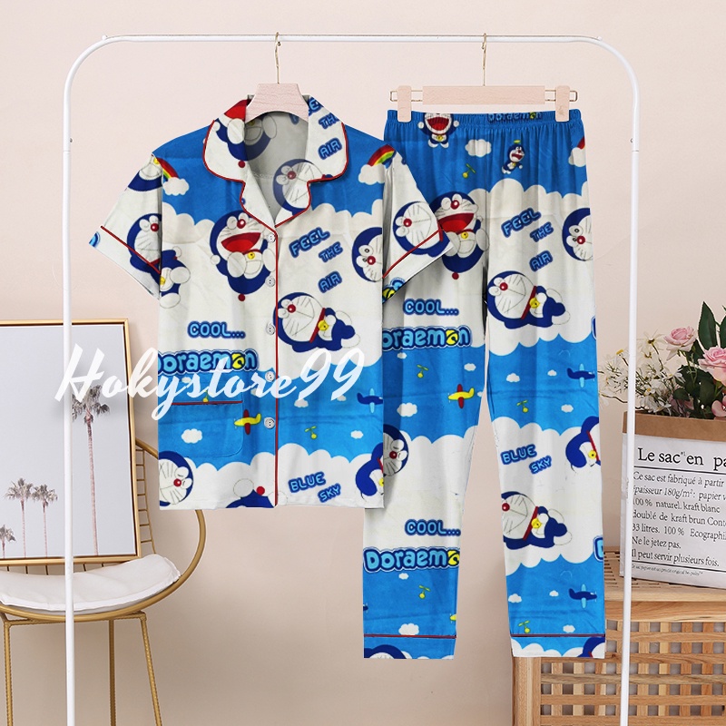 Hokystore99 - Piyama Wanita Dewasa Lengan Pendek Celana Panjang / Baju Tidur Wanita Dewasa (Part.1)-Dora Awan Biru