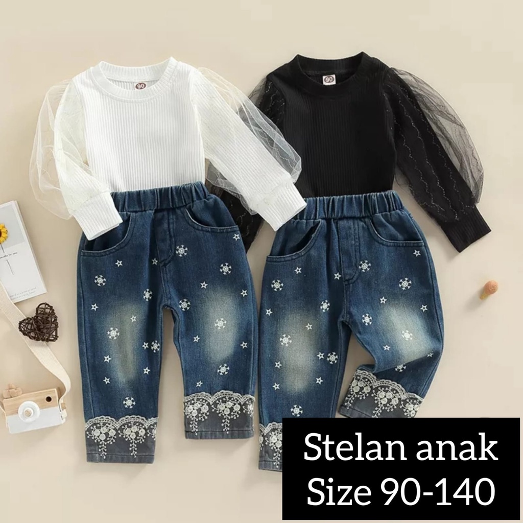 (LOLI-JKT) BS-270 STELAN ANAK CEWEK SNOWFLAKE HITAM DAN PUTIH SIZE 90-140