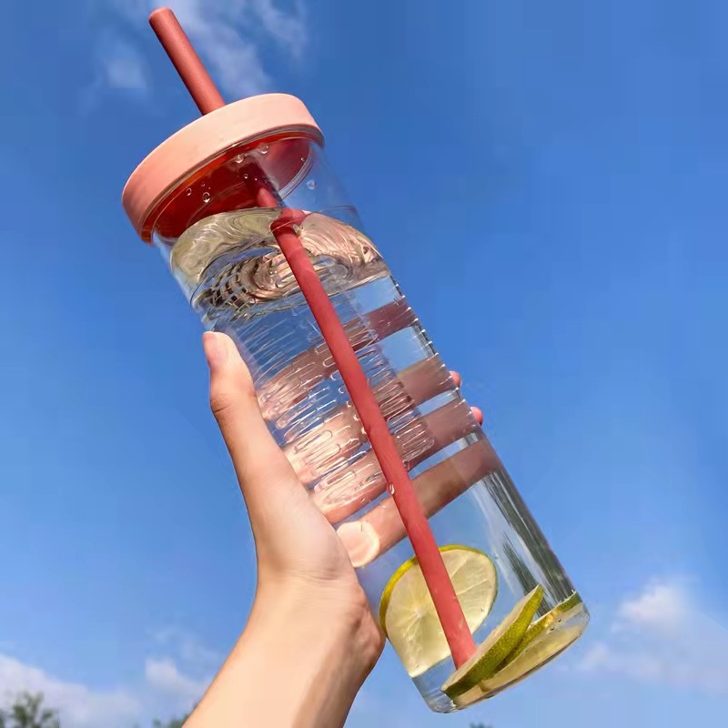 MARKAS88 Botol Minum Transparan Infused Water Botol Minum Sedotan Lipat Botol Minum Buah 700ml