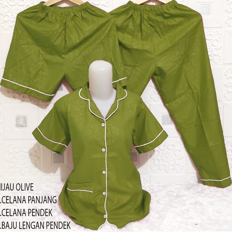 ISANNY PIYAMA SET 3IN1 SIZE XXL/SATIN EMBOSS 3IN1 JUMBO/BAJU TIDUR DEWASA/READY STOCK-HIJAU OLIVE
