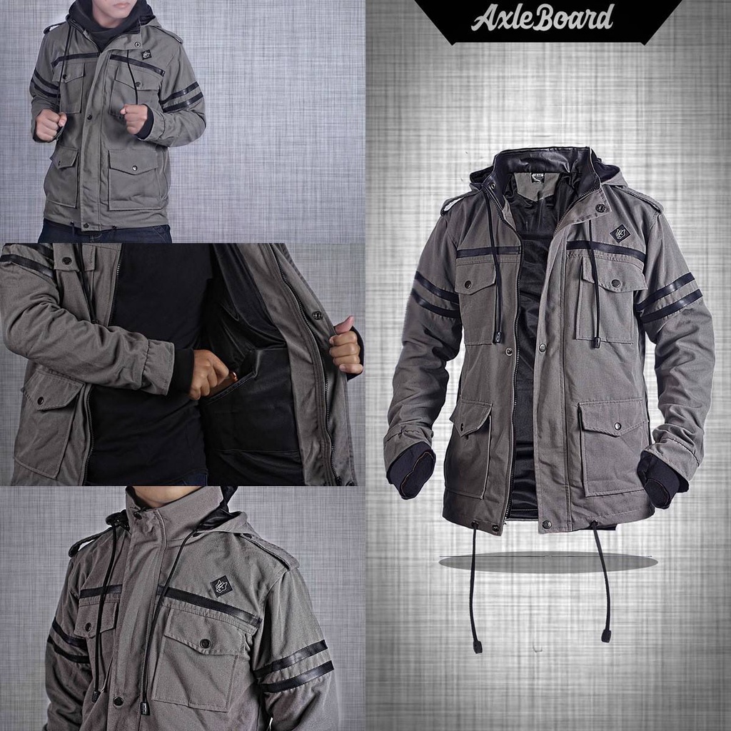 JAKET PARKA PRIA HOODIE FINGERLESS SEMI KULIT ORIGINAL AXLE ABU COKLAT PUTIH HITAM