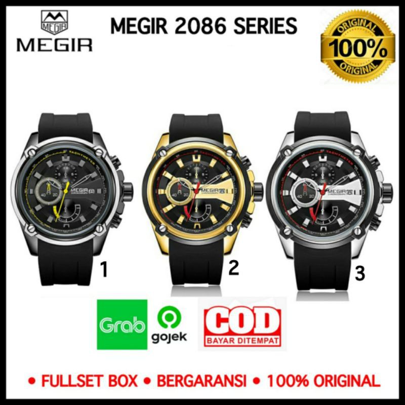 Jam Tangan Pria Chrono Leather MEGIR 2086 Black ORIGINAL Garansi