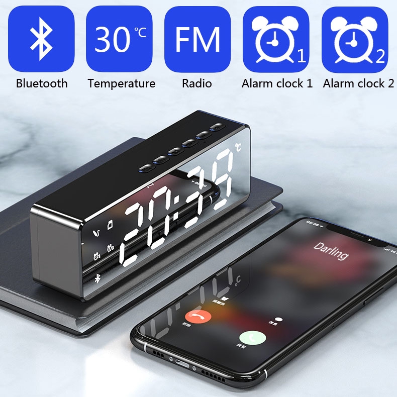 LED Alarm Clock Mirror Bluetooth Speaker Adjustable Brightness Temperature Display Answer By Phone