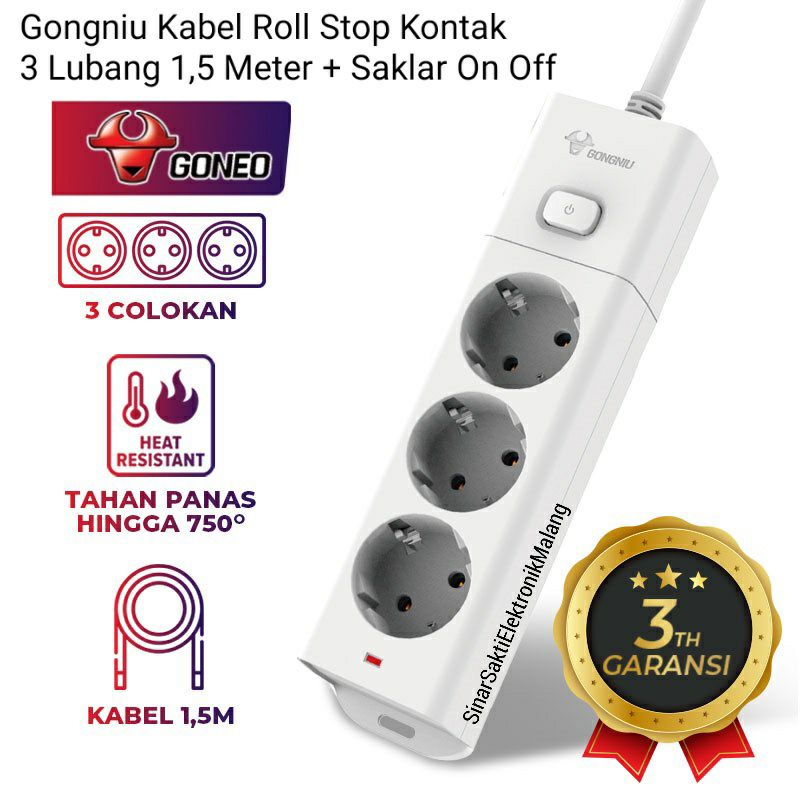 Gongniu Kabel Roll Stop Kontak 3 Lubang 1.5 Meter Saklar Switch On Off 1,5M 1,5 M