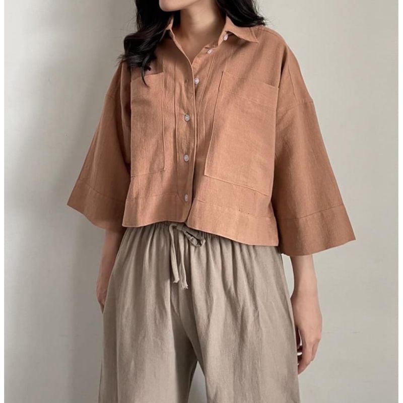 kemeja crop poket linen /outer crop linen /over size shirt linen