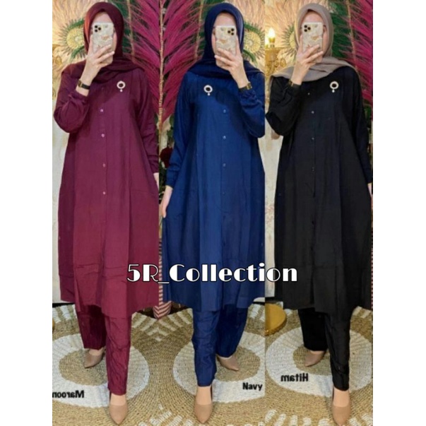 Setelan Long Tunik Kancing Polos Terlaris - One Set Tunik Kekinian Rayon Premium