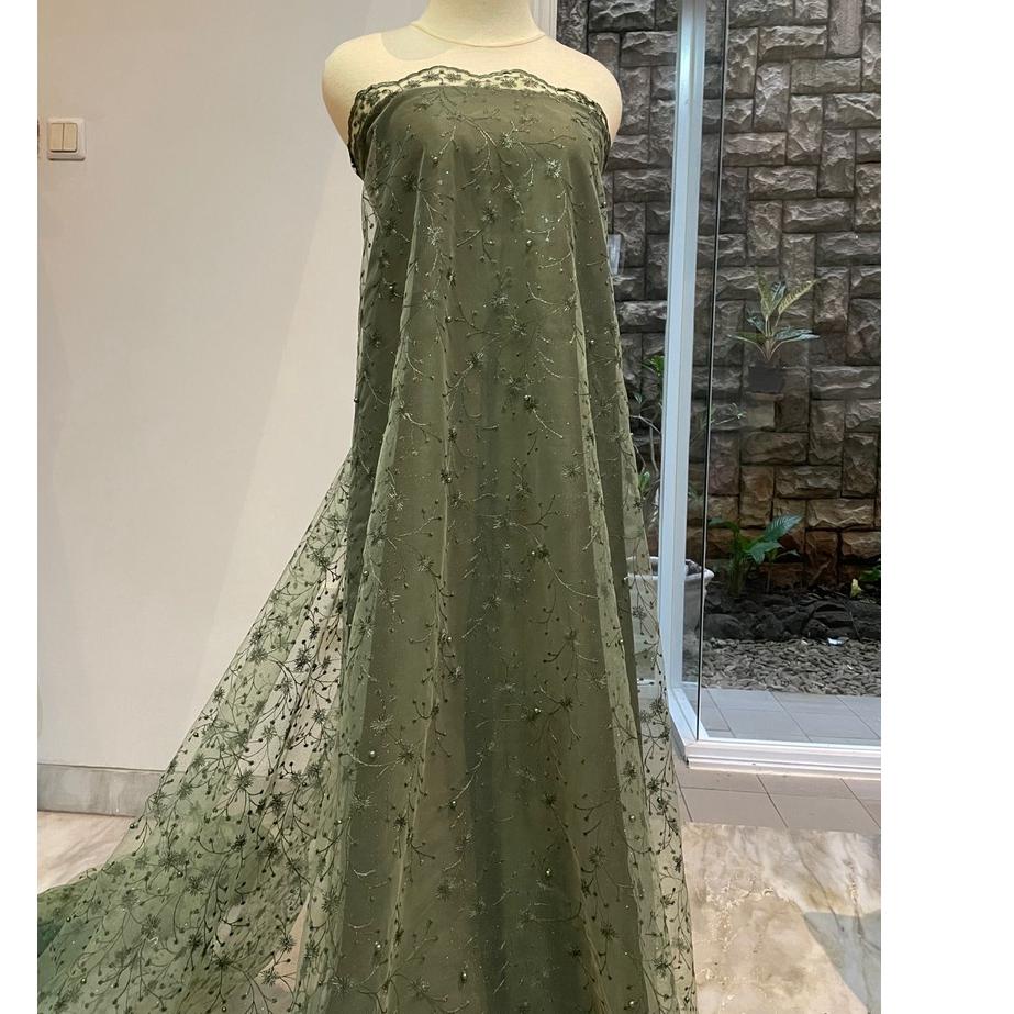 Bahan Kain Brokat Brukat Tile Mutiara Lotus  Series Warna Hijau Army 