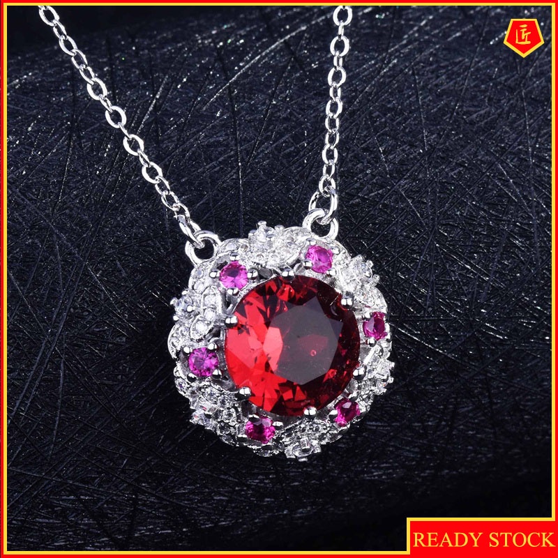 [Ready Stock]Micro-Inlaid Ruby Necklace Simple Women's Goose Egg-Shaped Banquet Pendant