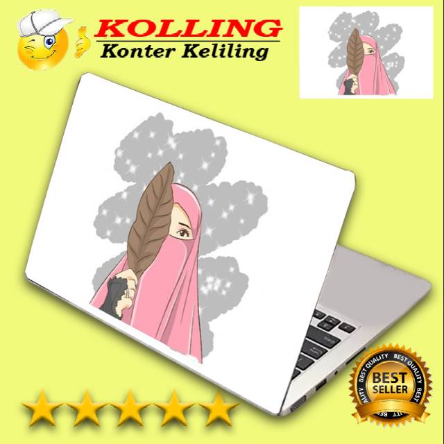 Garskin Laptop kartun muslimah memegang daun  Skin Laptop Stiker Laptop