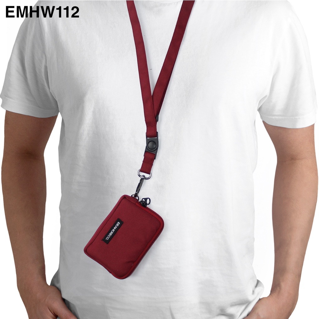 EMHW112 Hanging Wallet Pocket Pouch Dompet kartu Gantung Tali Lanyard merah marun