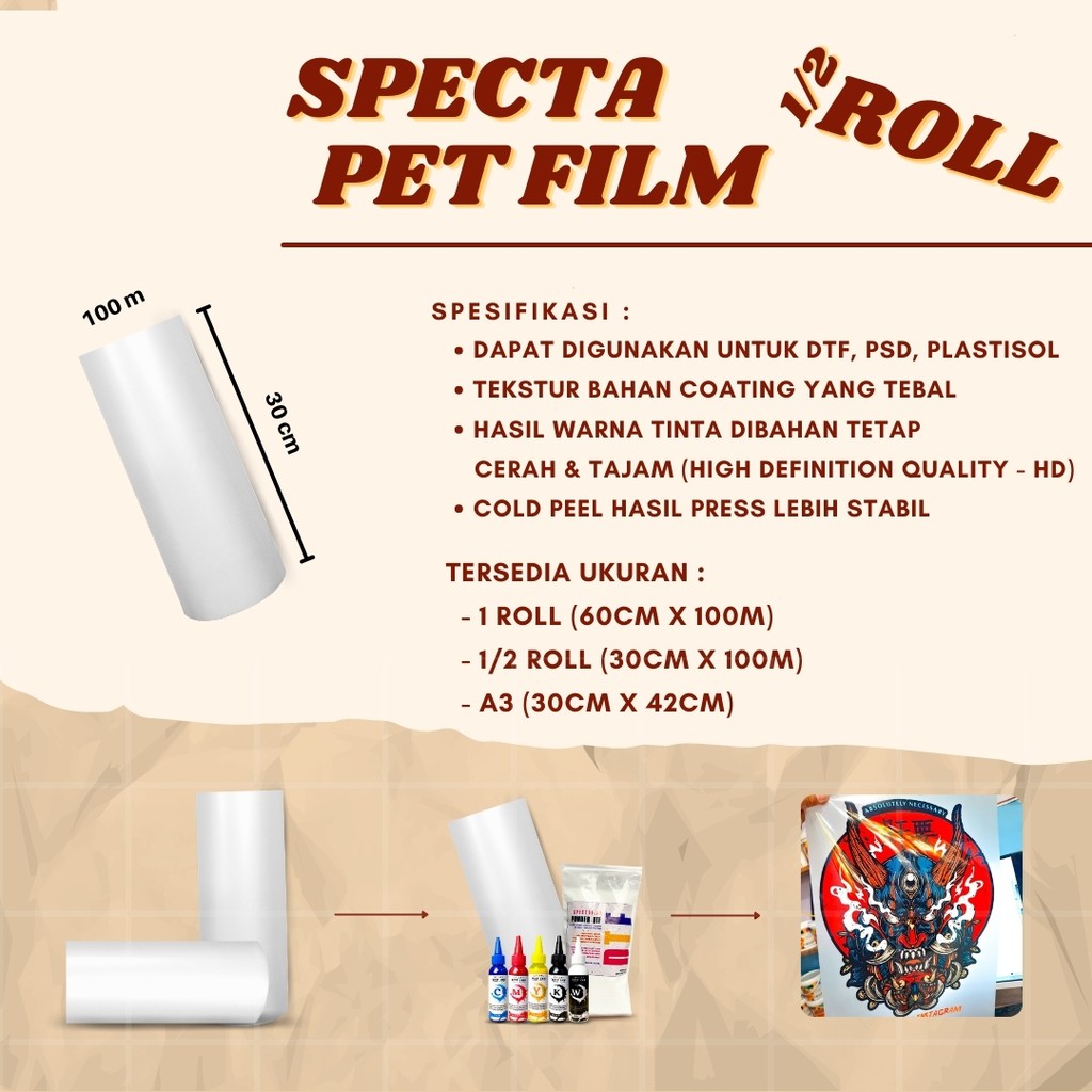 SPECTAFLEX PET FILM DTF METERAN A3 ROLL 30 CM | DIGITAL SABLON DTF COATING TEBAL GRADE A