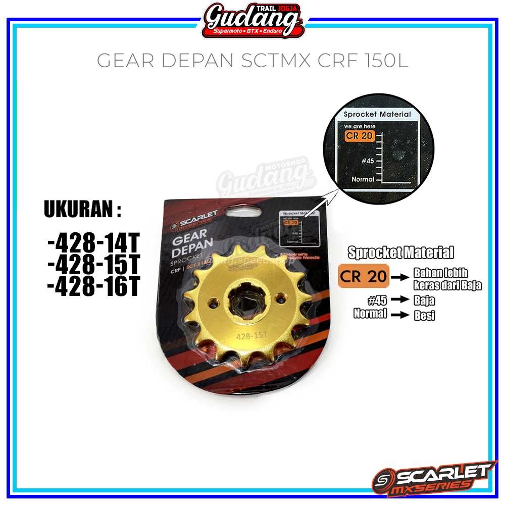 Gear Gir Depan SCARLET MX Supermoto Trabas Gold 428 14T-16T CRF 150L KLX Dtracker WR 155 GOLD