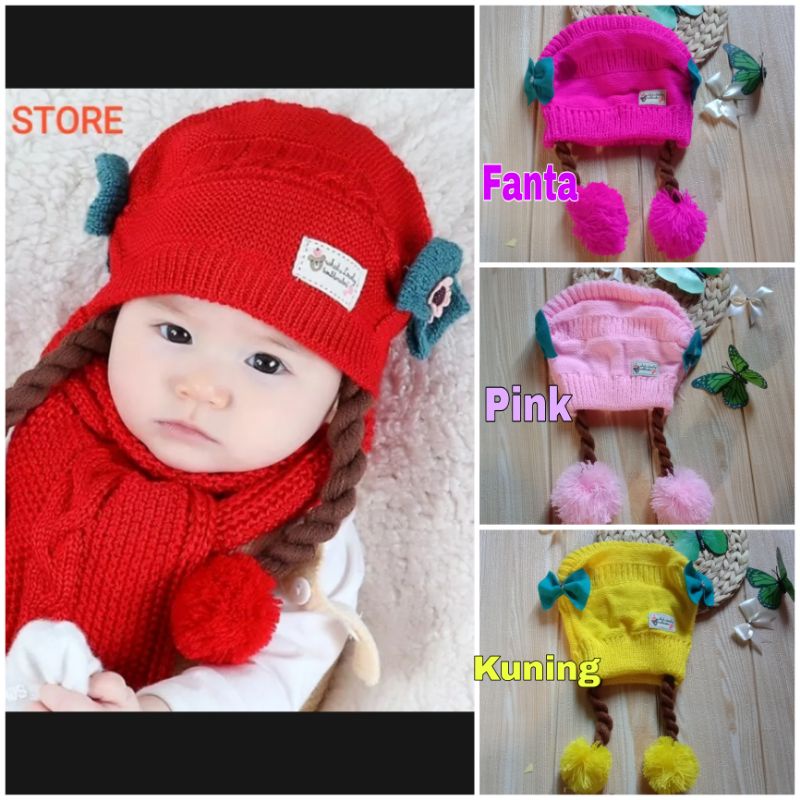 kupluk bayi perempuan kepang / topi bayi cewek