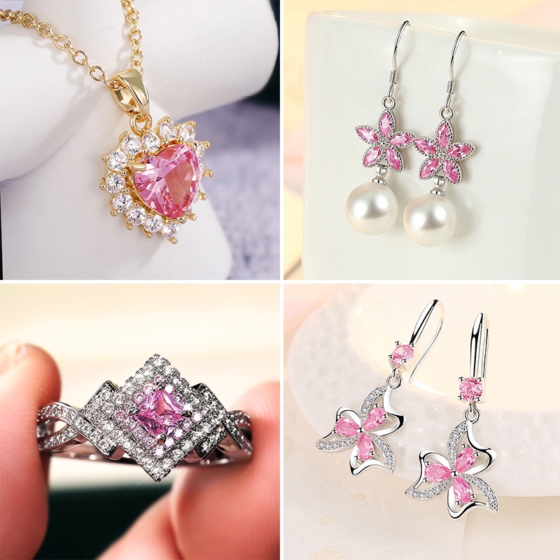 Butterfly set Kalung Anting Cincin Bentuk Kupu-Kupu Bunga pink Aksen Berlian Zirkon