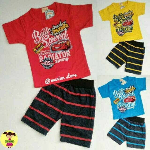 Setelan Baju Anak Laki-laki Cowok Cars McQueen Celana Garis (2-7th)