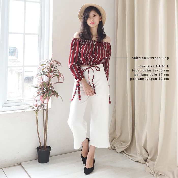 INC741 Atasan Sabrina Crop Top Korea Wanita Baju Sabrina Salur