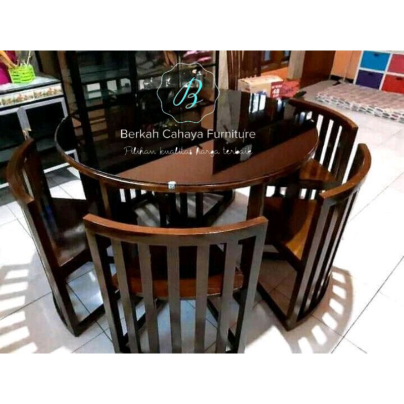 meja makan bundar 6 kursi praktis elegan jati jepara