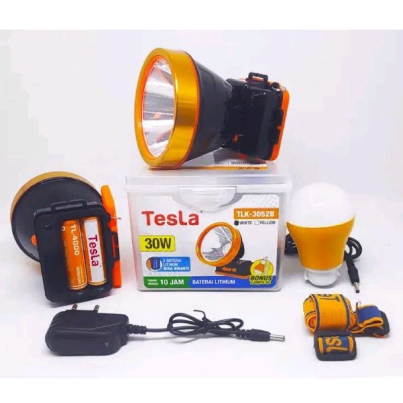 Senter Kepala Tesla 30 Watt TLK-3052B/Cahaya Putih/2 Baterai Lithium/Bonus Lampu DC