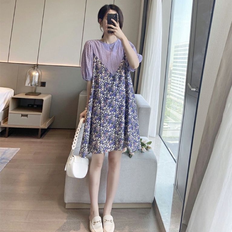 17110 Baju mini dress gaun pesta motif bunga ungu Korean style wanita import baju mini dress pendek 