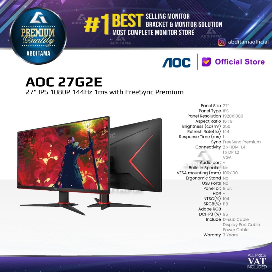 Monitor LED AOC 27G2E 27" IPS 144Hz 1ms VGA HDMI DP FreeSync