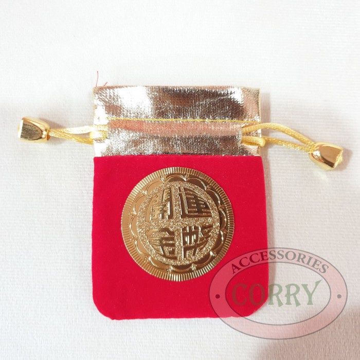 Sash-Selempang- Tas Imlek Koin 5 Cm Angpao Kecil Emas Gold Merah Fu Kain Gantungan -Selempang-Sash.