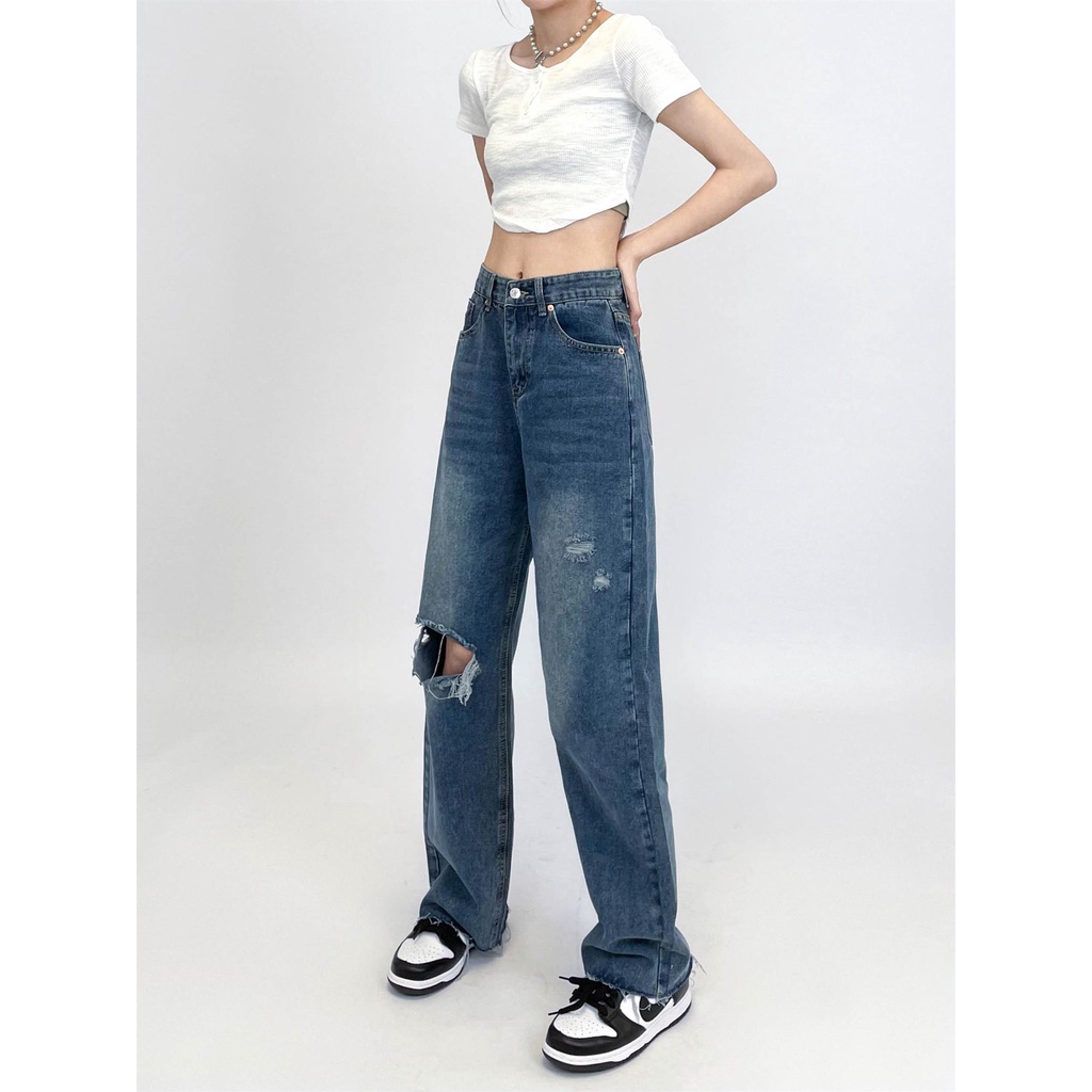 Highwaist Biru Premium Import Loose Original Fashion Retro Celana Jeans Panjang Wanita