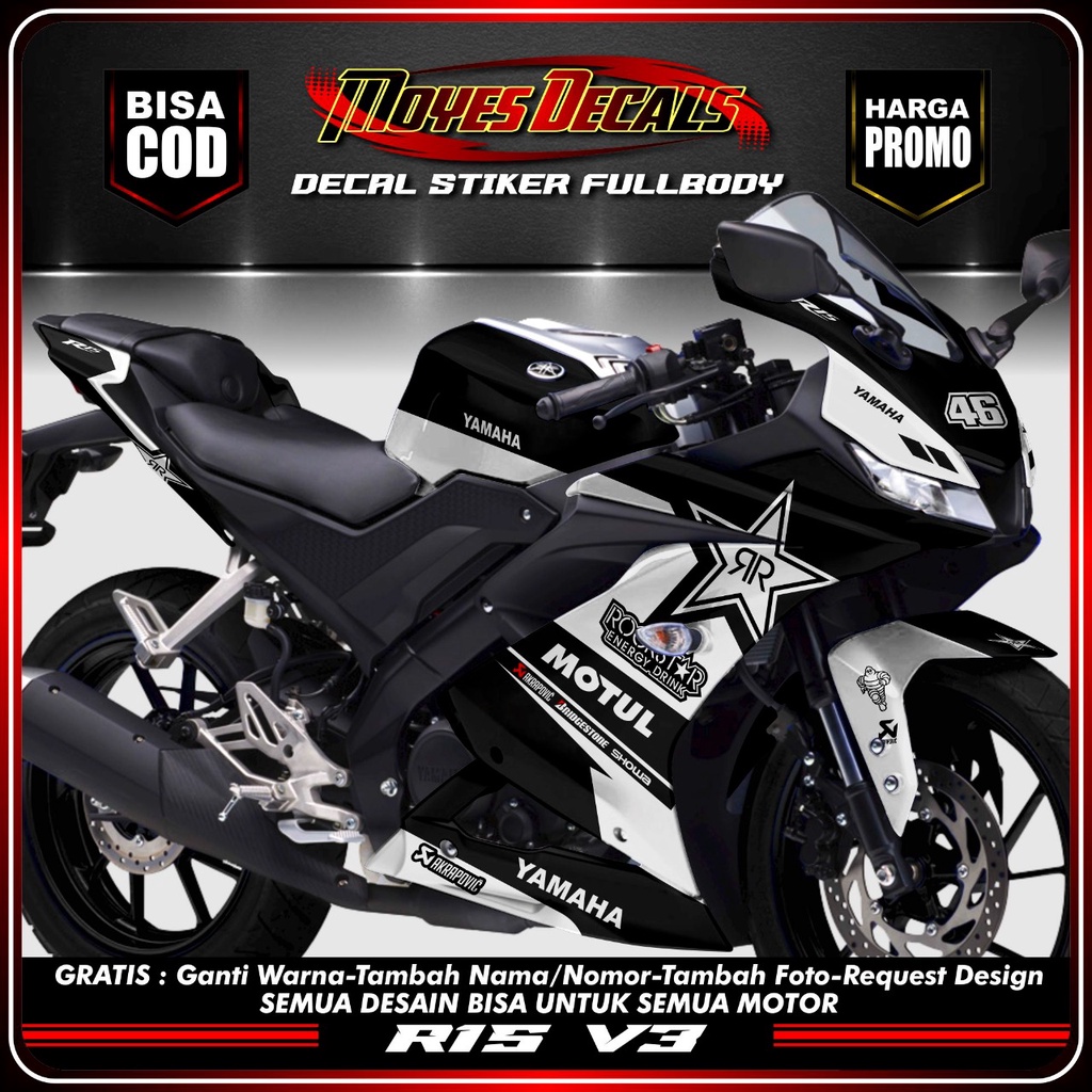 Stiker Decal R15 V3 Stiker Full-body Motor R15 V3 Motif Rock-Star Black White