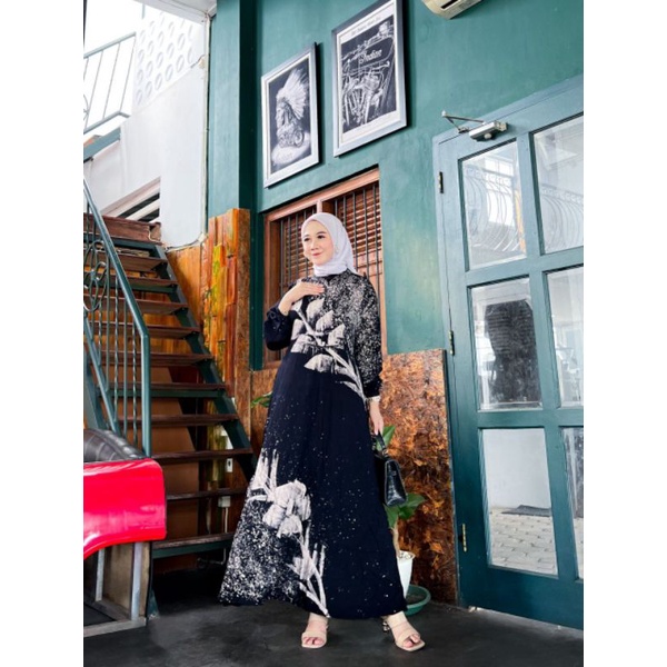 gamis rayon super abstrak tiedie malaman busui friendly adem dipakai motif cantik pakaian muslim lengan panjang