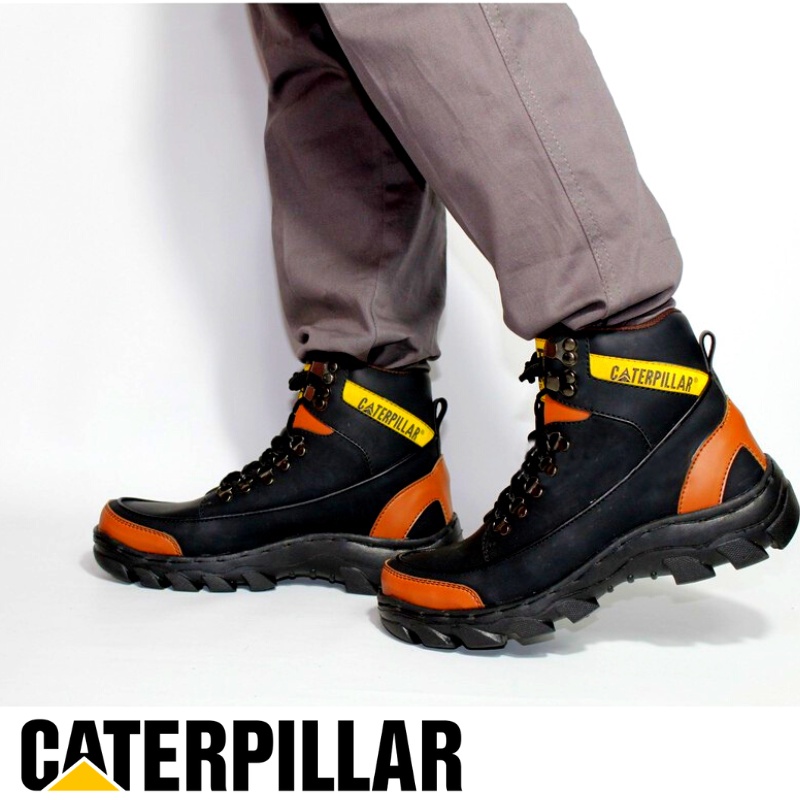 Sepatu Safety Proyek Ujung Besi - Septy Shoes Boot - Septi Kerja Lapangan Kulit Sintetis Tali - Sepatu Pria Caterpillar Steel Toe