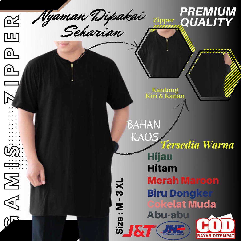 Jual Baju Gamis Koko Kaos AHAD Zipper Kurta Lengan pendek Pria Laki Laki Dewasa Hitam Harga Terbaik