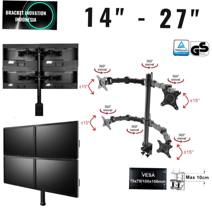 Bracket/Braket stand monitor jepit meja 4 Layar 14&quot;-27&quot;