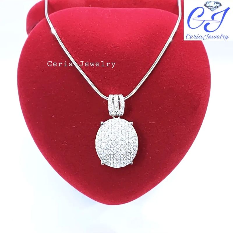 Kalung Perak Asli Silver Wanita 925 Lapis Emas Putih Model Kasandra+Liontin oval Permata Full gantungan Permata 3 Baris - Perhiasan Perak Wanita