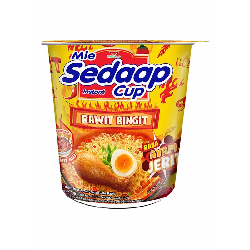 

Mie Sedaap RAWIT BINGIT Ayam Jerit Pedas / Baso Bleduk Cup 75 Gram / Mie Sedap Cup