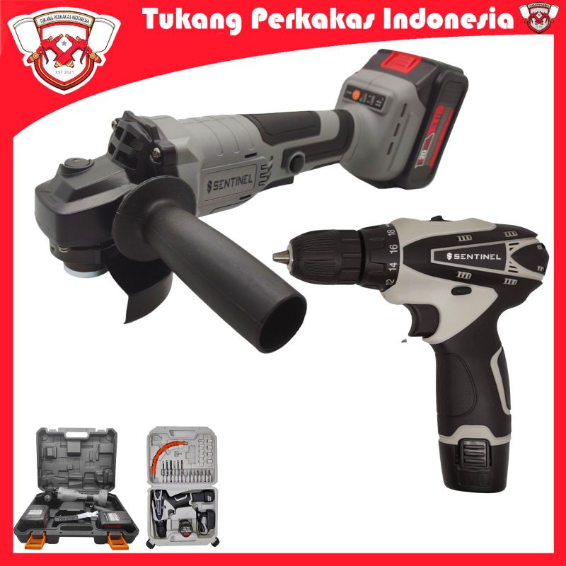 Paket Mesin Gerinda Baterai 20 volt Dan Bor cordless 12 volt Sentinel Japan